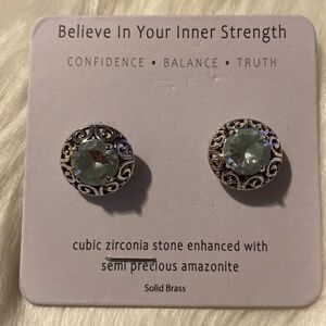 Cubic Zirconia Stone Enhanced With Semi Precious Amazonite Post Earrings (CS)